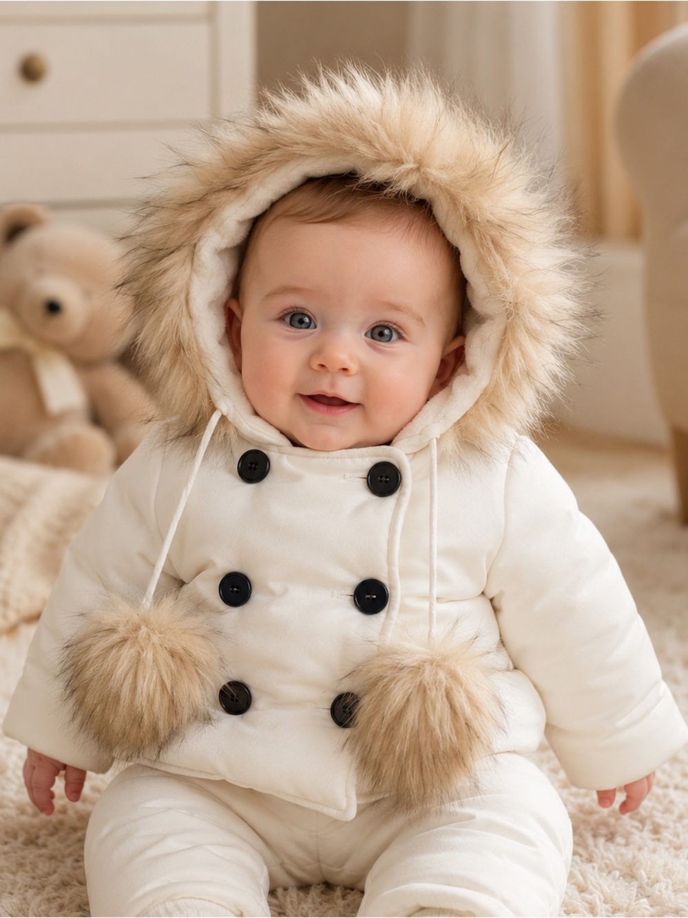 bebe White Plush Hooded Jacket with fur Trim
